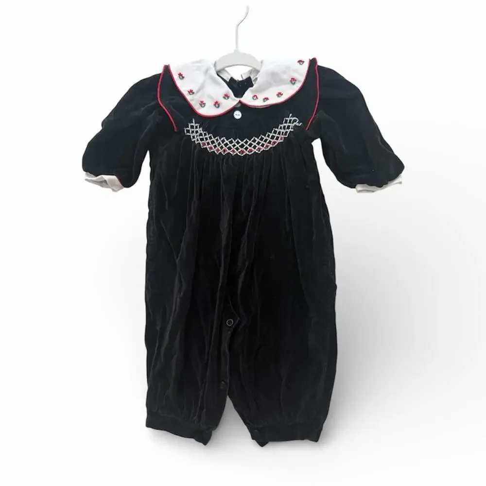 Baby Smocked Romper Black Velvet Floral Embroidery 12 to 18 Months Vintage Style